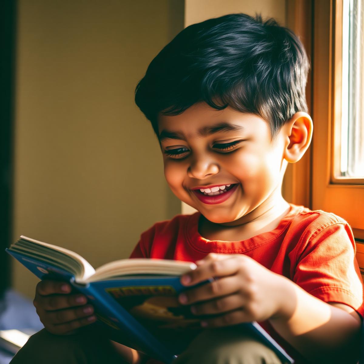 Confident happy child reading, smiling